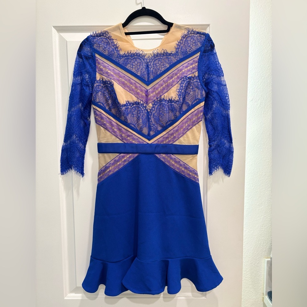 Three Floor Royal Blue and Nude Lace Mini Dress